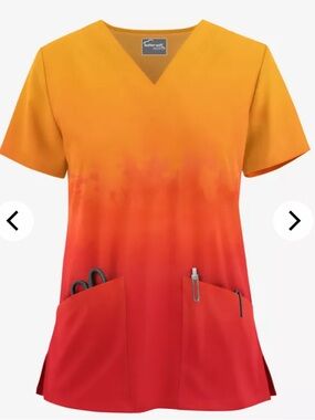 Butter Women's V-Neck Ombre Scrub Top in Yellow and Red